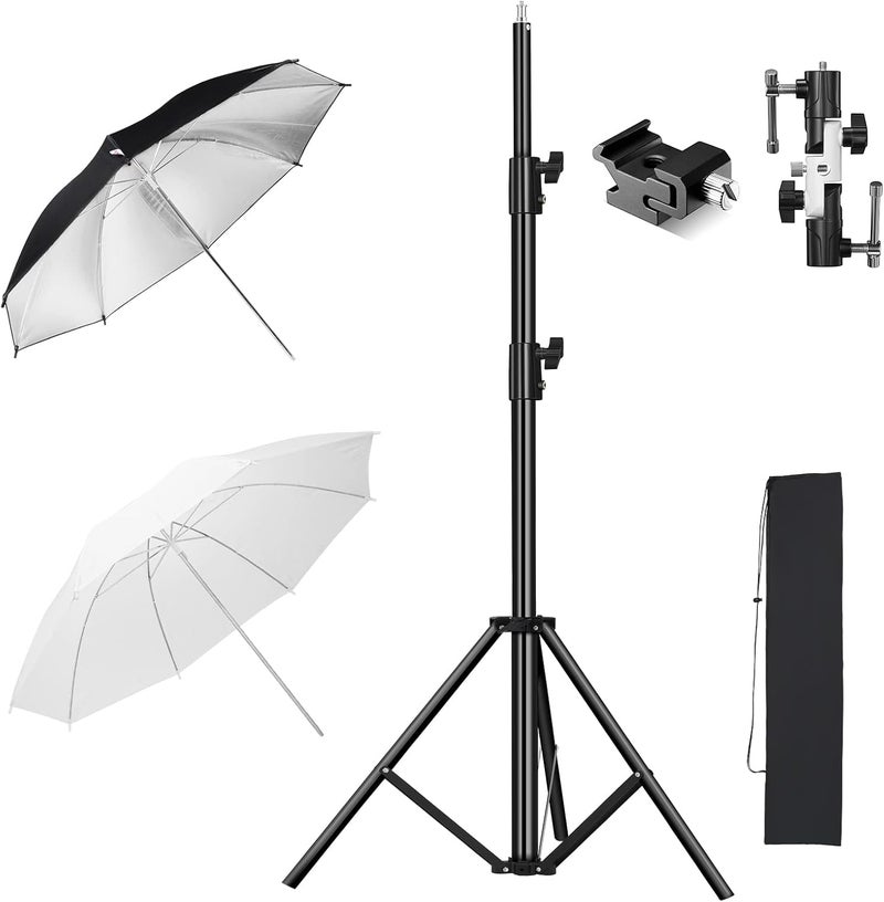 soonpho Photography Umbrella Lighting Kit, 2 Pack 43inch/109cm Soft Umbrella(White&Silver) with Light Stand,Flash Bracket U-Shape, Carry Bag for Studio/Outdoor Photo and Video Lighting Accessories - Image 1